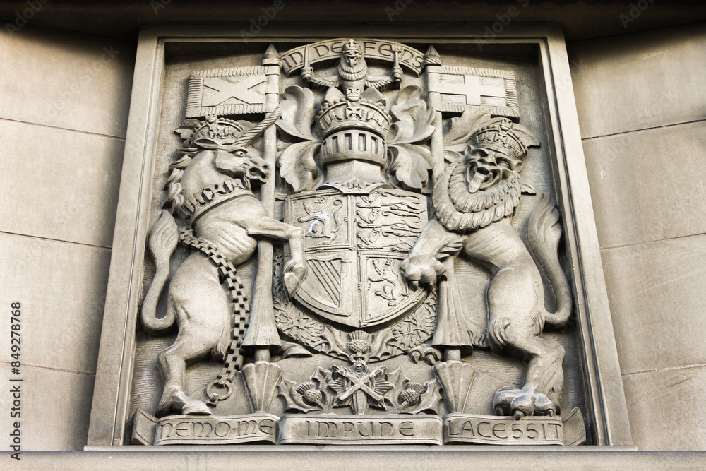 Edinburgh, Scotland. The Royal arms in Scotland, with the inscription Nemo me impune lacessit, motto of the Order of the Thistle