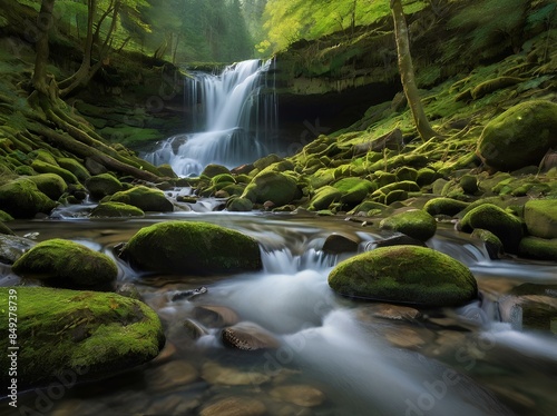 A serene mountain landscape adorned with numerous cascades. Water flows gracefully over rugged rocks, forming cascading streams that weave through lush green valleys.