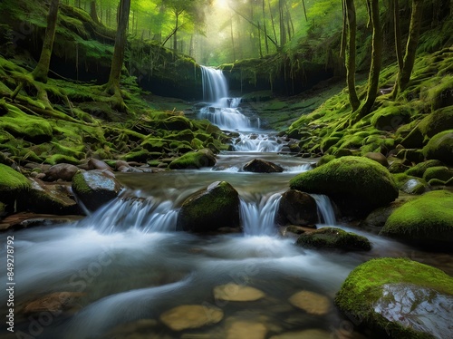 A serene mountain landscape adorned with numerous cascades. Water flows gracefully over rugged rocks, forming cascading streams that weave through lush green valleys.