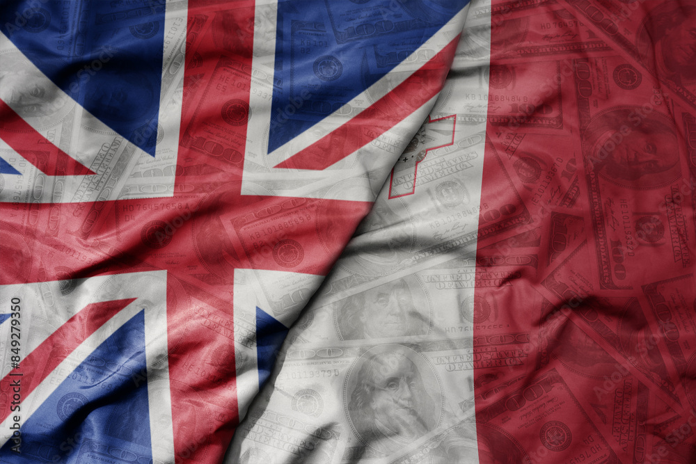 big waving colorful flag of malta and national flag of great britain on the dollar money background. finance concept. big waving colorful flag of malta and national flag of great britain on the dollar money background. finance concept.
