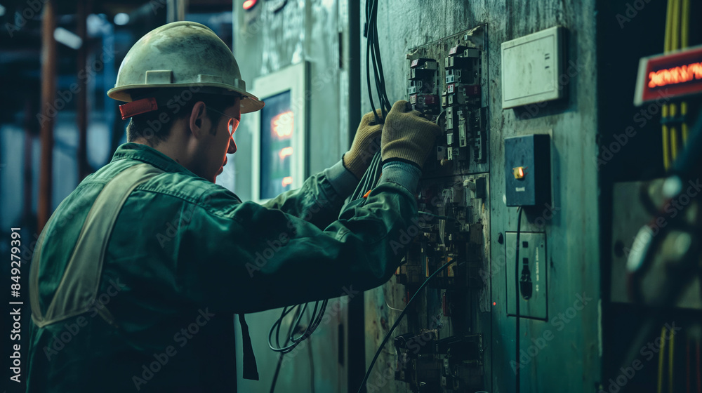 An electrician carefully connecting wires in a high-voltage electrical panel with cautionary signage visible nearby. An electrician carefully connecting wires in a high-voltage electrical panel with cautionary signage visible nearby.