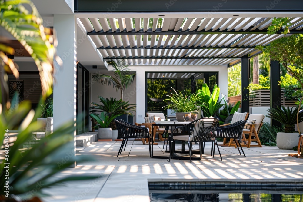 Fototapeta premium Minimalist Patio with White Pergola and Black Dining Set