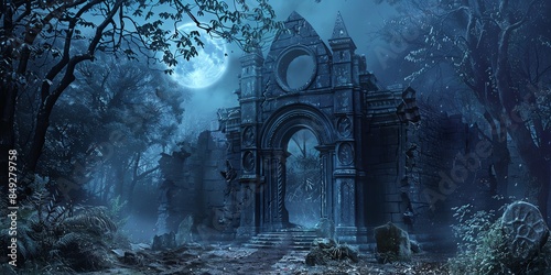 Ancient vampire s lair hidden in a forest, moonlit entrance, eerie and haunting