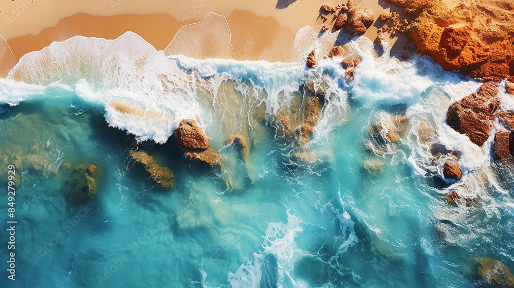 Summer seascape with beautiful waves and blue sea water on a sunny day. Top aerial view from a drone captures the amazing tropical nature background. Summer seascape with beautiful waves and blue sea water on a sunny day. Top aerial view from a drone captures the amazing tropical nature background.