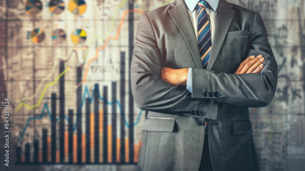 A man in a suit stands in front of a wall of graphs. The graphs are all different colors and sizes, and they seem to be showing some kind of data or information A man in a suit stands in front of a wall of graphs. The graphs are all different colors and sizes, and they seem to be showing some kind of data or information