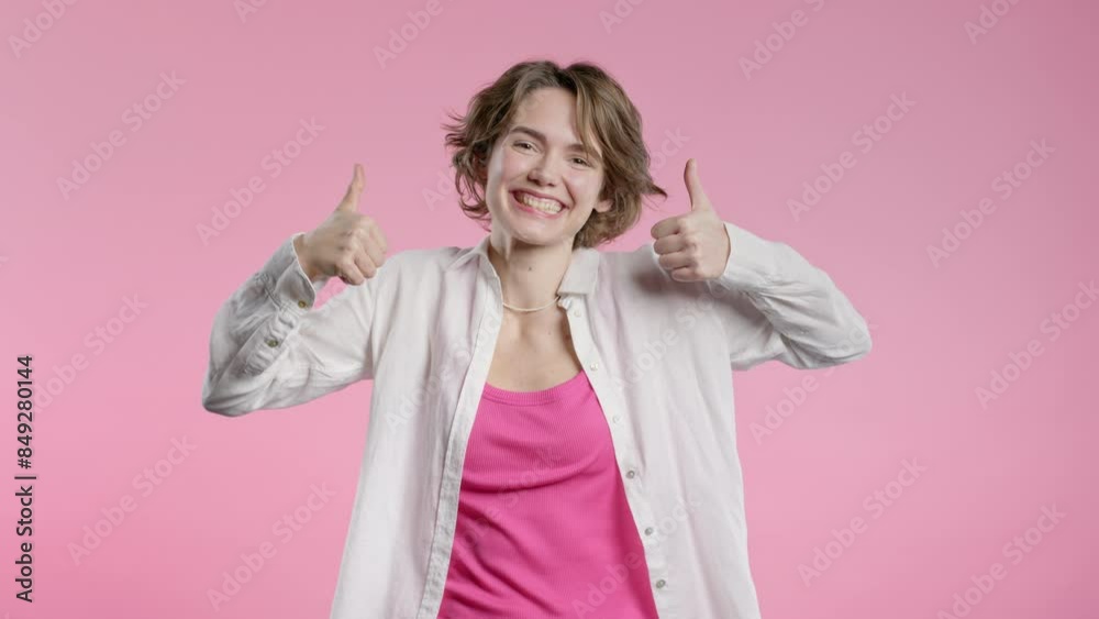 Positive woman with hand sign like, thumbs up gesture. Lady on pink background