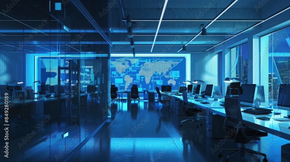 Fototapeta premium Modern Corporate Office with Blue Lighting