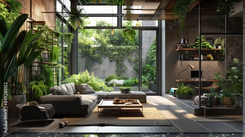 An urban loft apartment with an industrial aesthetic, featuring exposed brick, high ceilings, and metal accents, is complemented by verdant indoor plants, creating a harmonious blend of nature and mod photo