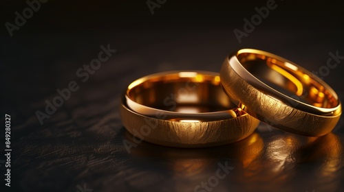 Pair of shiny wedding rings with copy space, luxury.
