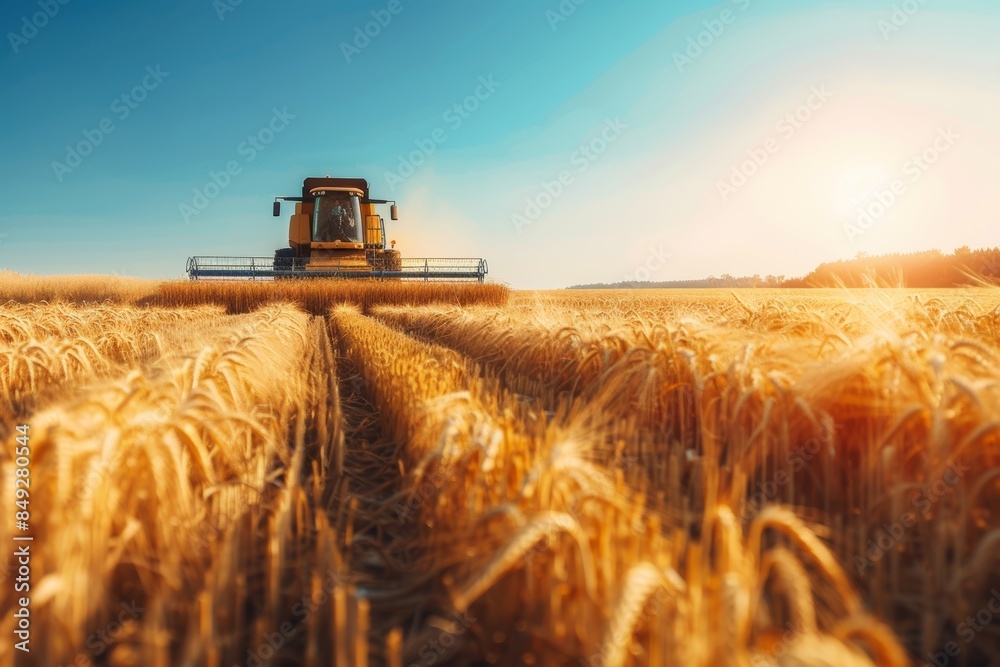 Fototapeta premium Farmers Harvesting Grain in Golden Fields Under Bright Summer Sunshine