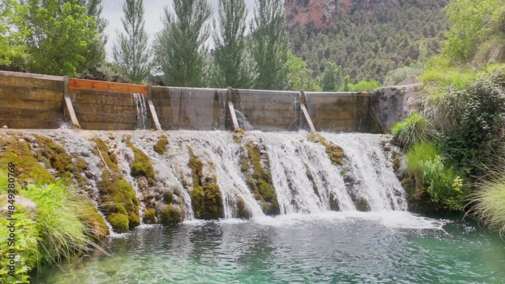 A waterfall with a stream of water flowing down it. The water is clear and the rocks are mossy A waterfall with a stream of water flowing down it. The water is clear and the rocks are mossy