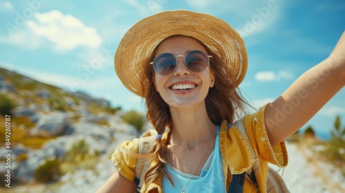 Cheerful Woman Inviting to Summertime Adventure