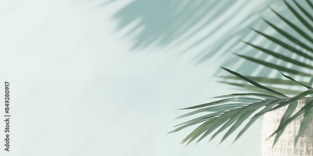 Elegant Summer Background with Palm Leaves and Shadows on Light Green Pastel Gradient, Perfect for Minimalistic Product Displays and Text Features Elegant Summer Background with Palm Leaves and Shadows on Light Green Pastel Gradient, Perfect for Minimalistic Product Displays and Text Features