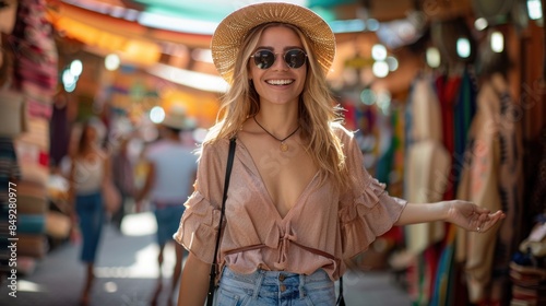 Stylish Woman Inviting to Adventure in Marrakech Market