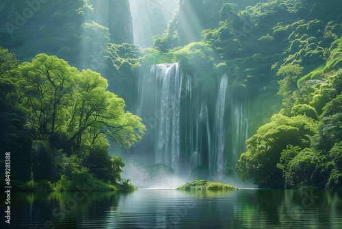 a fantastic waterfall in impressive green exotic nature with lake and mountains
