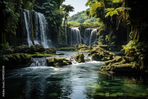 Exuberant jungle and waterfall in Fiji., generative IA
