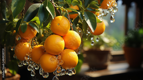 Oranges hanging on a tree in the garden background.