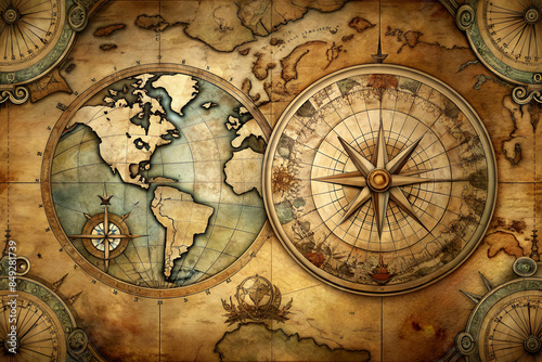  vintage background with antique maps and old-world compass illustrations