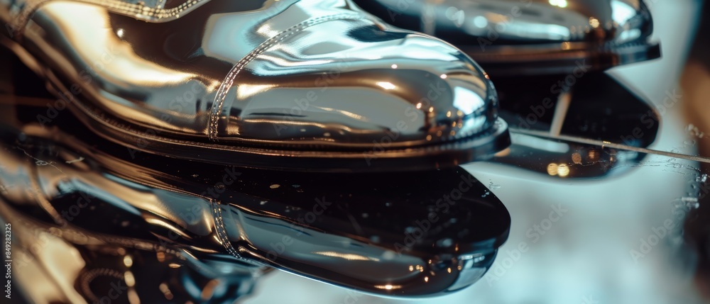 Close-up shot of stylish, shiny leather shoes reflecting on a polished surface, highlighting elegant fashion and craftsmanship. Close-up shot of stylish, shiny leather shoes reflecting on a polished surface, highlighting elegant fashion and craftsmanship.