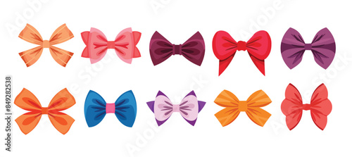 Colorful ribbon bow vector set, collection of decorative bowknot or bowtie illustration, gift card decoration elements, present wrap pack ornament