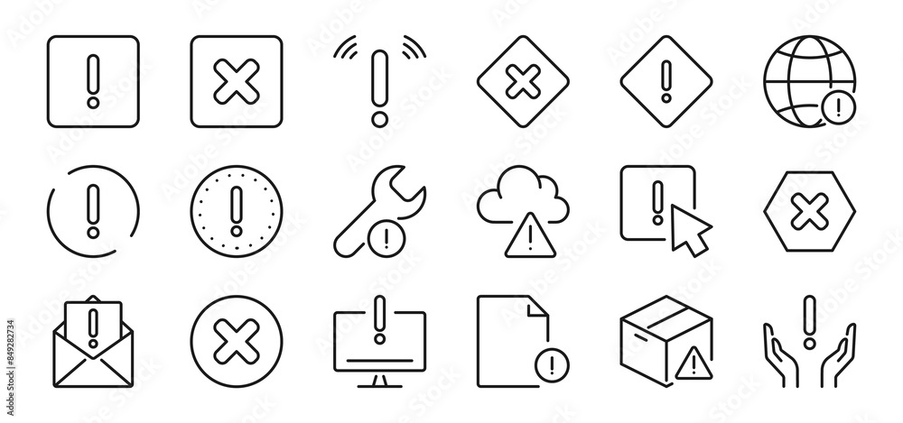 Warning line icons set 2 . Danger, hazard, exclamation mark, notice, attention sign, symbol. Isolated on a white background. Pixel perfect. Editable stroke. 64x64. Warning line icons set 2 . Danger, hazard, exclamation mark, notice, attention sign, symbol. Isolated on a white background. Pixel perfect. Editable stroke. 64x64.