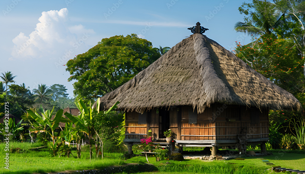 Traditional Balinese wooden house with thatched roof Traditional Balinese wooden house with thatched roof