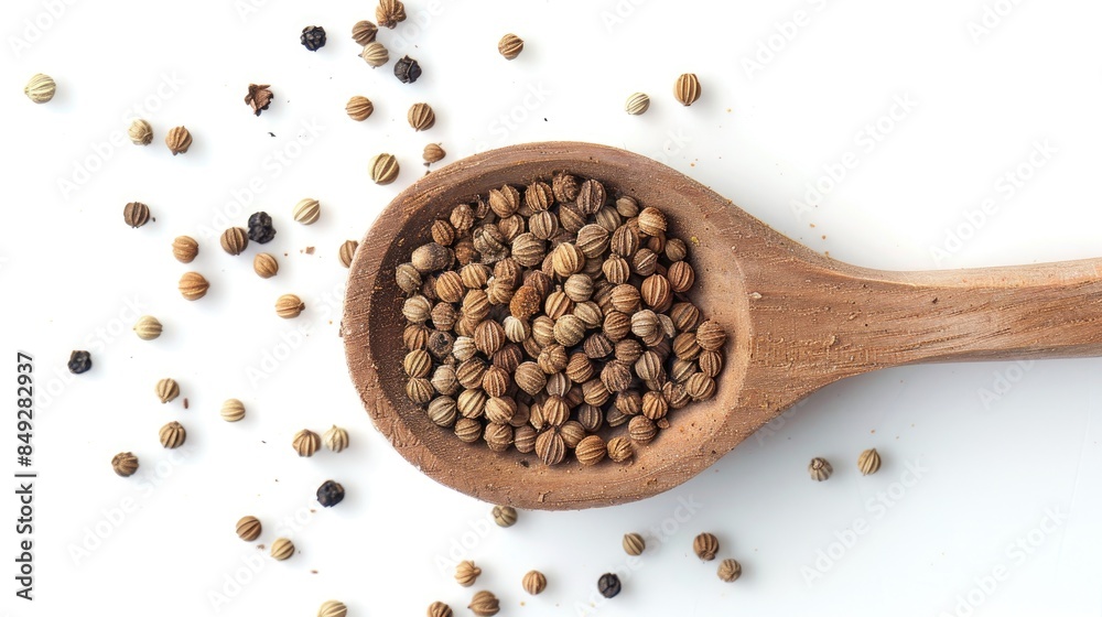 Coriander spice in a wooden spoon on a white background Coriander spice in a wooden spoon on a white background