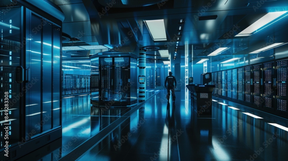Futuristic Server Room with a Solitary Figure Futuristic Server Room with a Solitary Figure