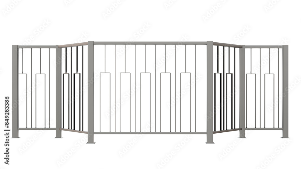 3D design asset features a modern stainless steel balustrade with a captivating vertical rectangle pattern inspired by piano keys, ideal for modern design projects (transparent background). 3D design asset features a modern stainless steel balustrade with a captivating vertical rectangle pattern inspired by piano keys, ideal for modern design projects (transparent background).