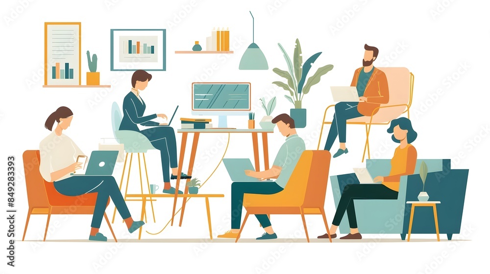 of Business Team Collaborating in Modern Office Environment with Laptops and Tablets