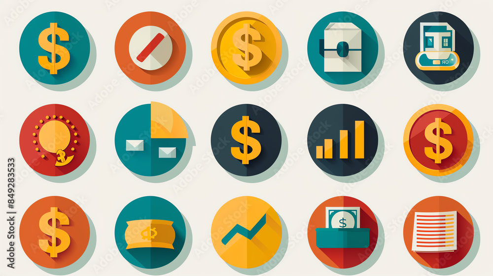 A set of colorful financial and business icons representing various economic elements such as currency, charts, and transactions. A set of colorful financial and business icons representing various economic elements such as currency, charts, and transactions.