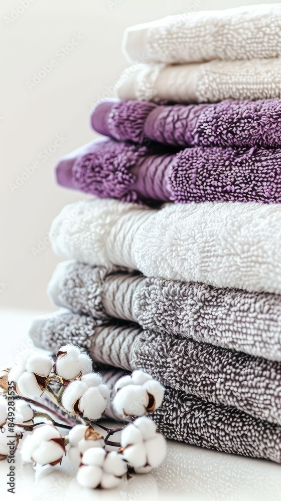 white, grey, and purple towels stacked with a cotton flower on a plain background, ideal for product display. white, grey, and purple towels stacked with a cotton flower on a plain background, ideal for product display.