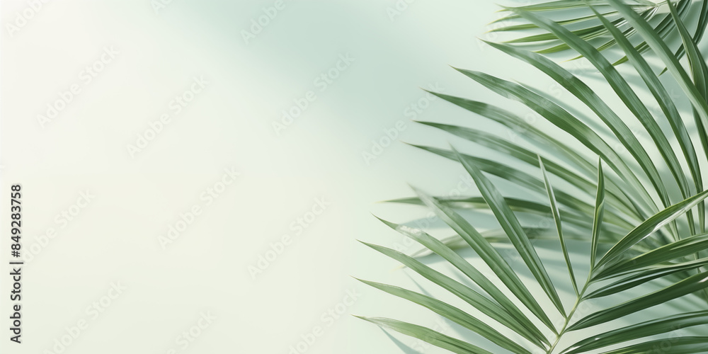 Elegant Summer Background with Palm Leaves and Shadows on Light Green Pastel Gradient, Perfect for Minimalistic Product Displays and Text Features Elegant Summer Background with Palm Leaves and Shadows on Light Green Pastel Gradient, Perfect for Minimalistic Product Displays and Text Features