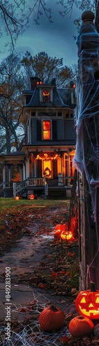 Classic haunted house with 1950sstyle spooky decorations, cobwebs, and eerie lighting photo