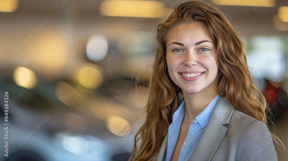 Portrait of a smiling professional woman with a blurred car dealership background Portrait of a smiling professional woman with a blurred car dealership background