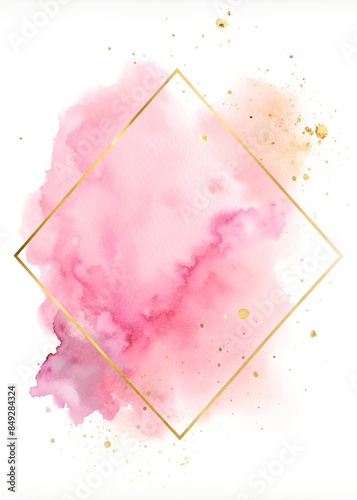 Beautiful light pink watercolor wash spot splashed diagonally across the area, and a rectangular golden frame in the perimeter of the area