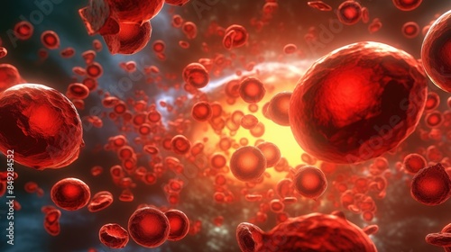 Microscopic view of glowing active red blood cells. Concept of medical health, medical science background. Generative AI