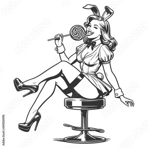 smiling pin-up bunny girl holding a lollipop, dressed in a playful bunny costume sketch engraving generative ai fictional character vector illustration. Scratch board imitation. Black and white image.