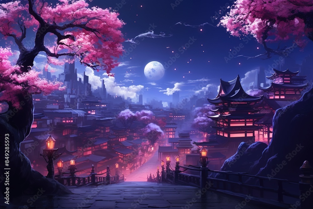 Fototapeta premium a serene Japanese garden at night, a fantasy landscape of the city, with purple sakura trees and a night city with lights.