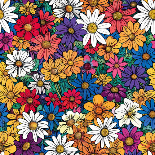 Wallpaper Mural Vibrant hand-drawn seamless floral pattern with colorful daisies and wildflowers, perfect for backgrounds or textile designs. Torontodigital.ca