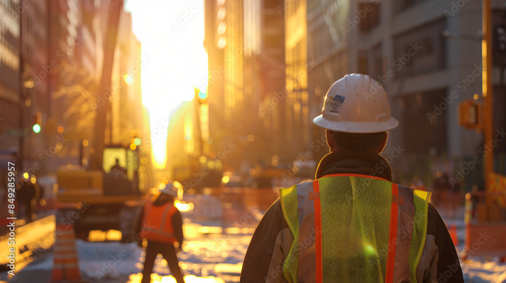 Construction worker in high-visibility gear surveys a city street project at golden hour Construction worker in high-visibility gear surveys a city street project at golden hour