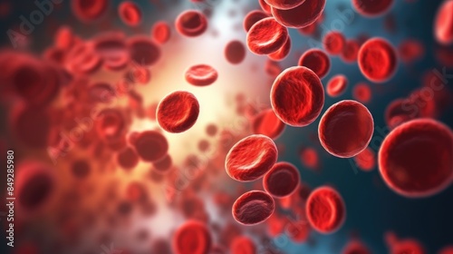 Flowing human red blood cells banner background. Medical science poster design, health care, blood donation flyer card concept. Space for text. Generative AI