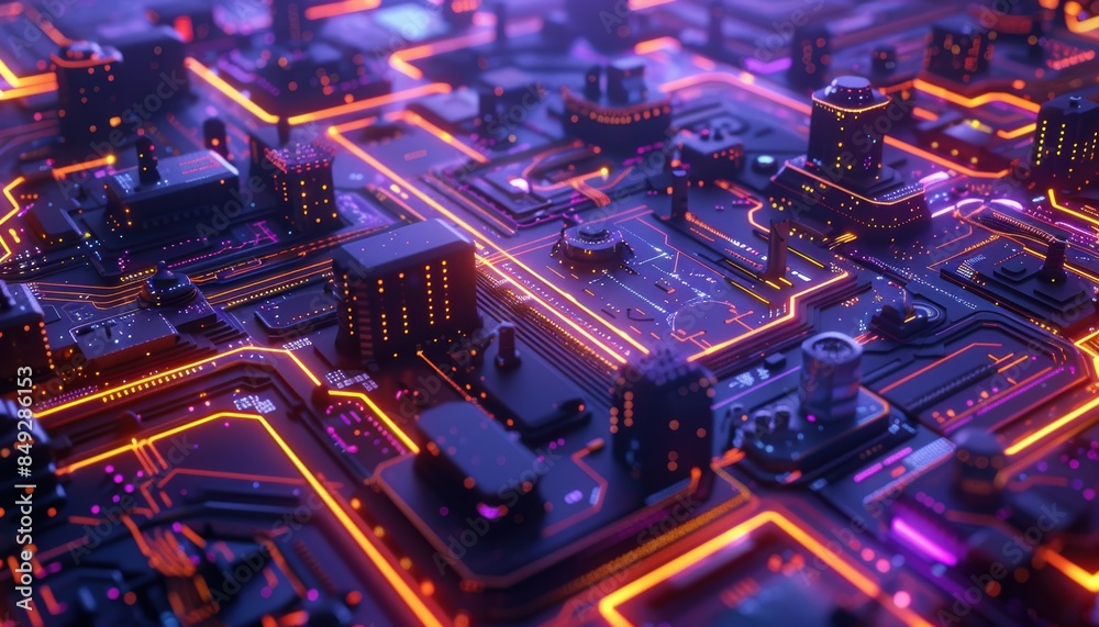 Futuristic circuit board with glowing neon lights, representing advanced technology and electronics in a high-tech microchip layout. Futuristic circuit board with glowing neon lights, representing advanced technology and electronics in a high-tech microchip layout.