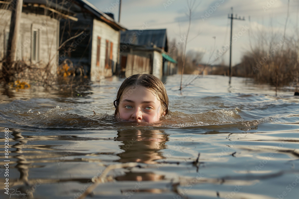 Fototapeta premium A girls face emerges from floodwater in a submerged rural setting, creating a surreal and slightly humorous image. This can be used for impactful visual storytelling or as a striking meme.