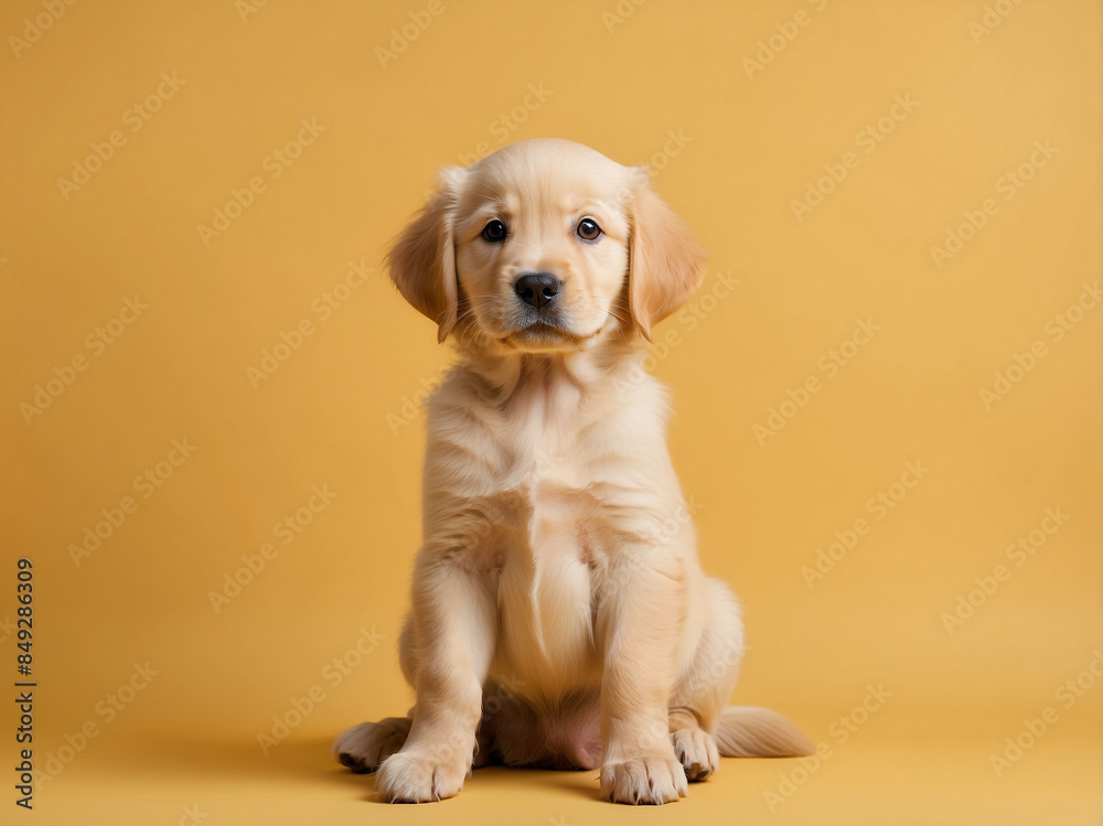 Adorable Golden Retriever Puppy on Yellow Background with Copy Space Adorable Golden Retriever Puppy on Yellow Background with Copy Space