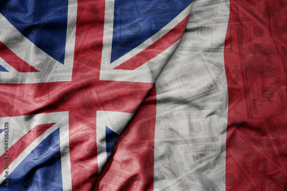 big waving colorful flag of peru and national flag of great britain on the dollar money background. finance concept. big waving colorful flag of peru and national flag of great britain on the dollar money background. finance concept.