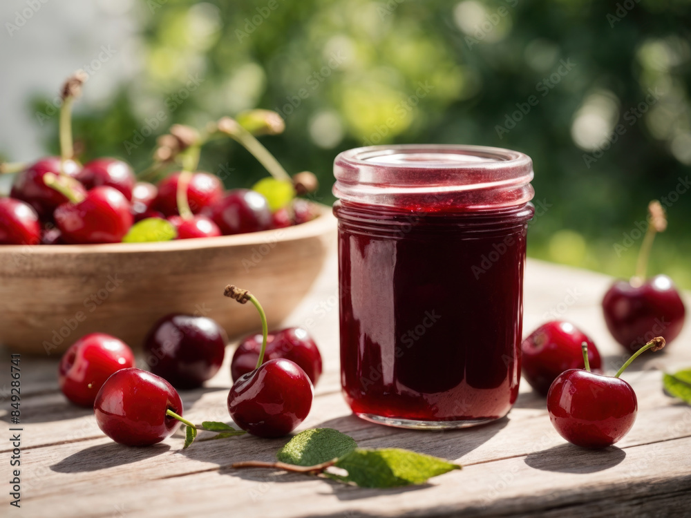 Cooked homemade cherry jam in glass jar on white wood Cooked homemade cherry jam in glass jar on white wood