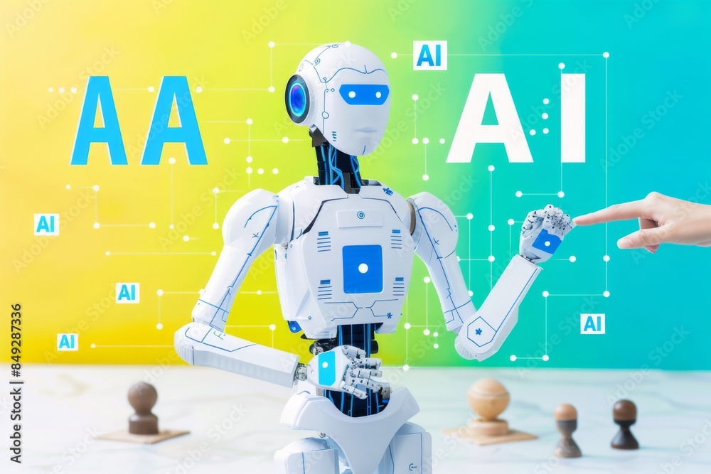 Naklejka premium AI Robot with Digital Interface, Advanced Robotics and Artificial Intelligence, Futuristic Technology in Blue and White Setting, High Tech Innovations, Modern AI Concept.