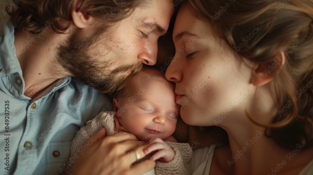 Loving parents cuddle and kiss their newborn baby, capturing a tender family moment of intimacy and happiness. Loving parents cuddle and kiss their newborn baby, capturing a tender family moment of intimacy and happiness.