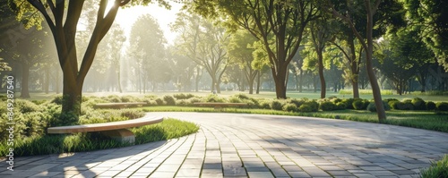 Wood bench in green clean park near path with nice sunlight, relax concept  banner. Generative Ai.